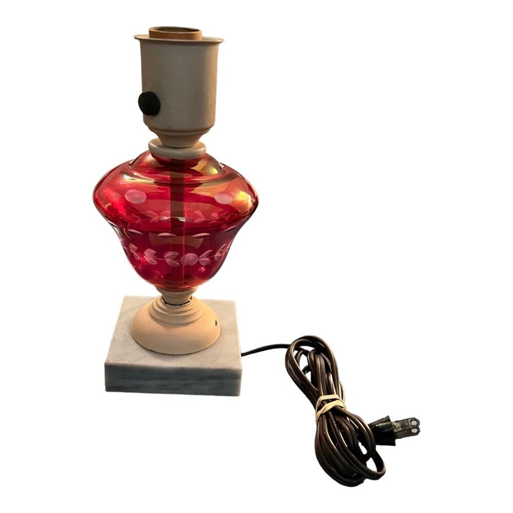 Vintage Red Glass Accent Table Lamp With White Floral Etching & Marble Base 9" T - Picture 3 of 11
